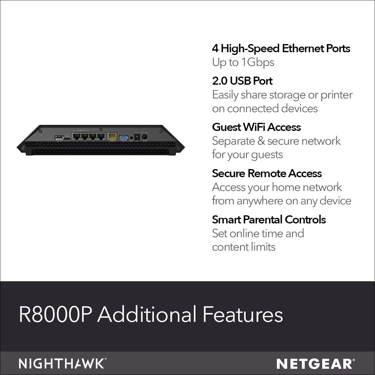 NETGEAR Nighthawk X6S Smart Wi-Fi Router (R8000P) - AC4000 Tri-band Wireless Speed (Up to 4000 Mbps) | Up to 3500 Sq Ft Coverage & 55 Devices | 4 x 1G Ethernet and 2 USB Ports