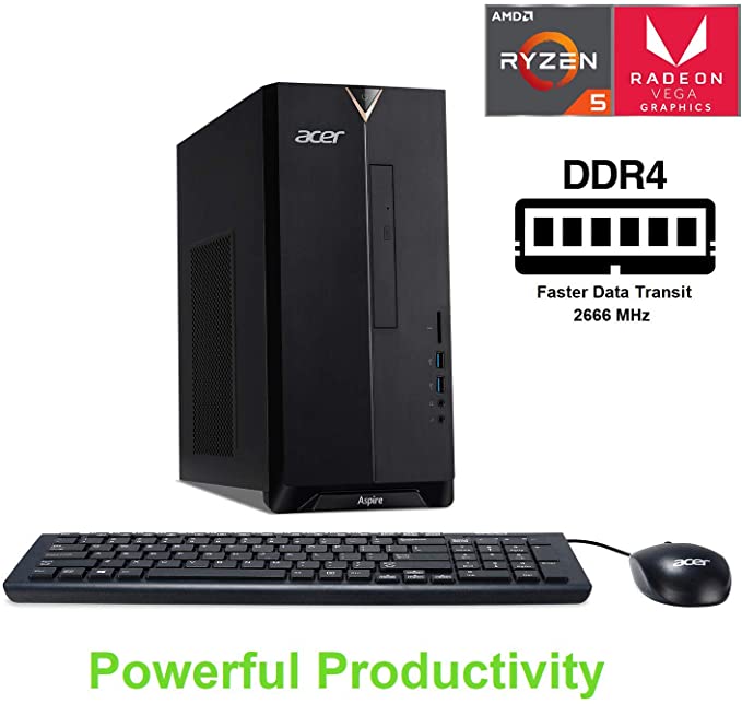 Acer Aspire TC-390-UA92 Desktop, AMD Ryzen 5 3400G Quad-Core Processor, AMD Radeon RX Vega 11 Graphics, 12GB DDR4, 512GB NVMe M.2 SSD, 8X DVD, Wi-Fi 5, Windows 10 Home