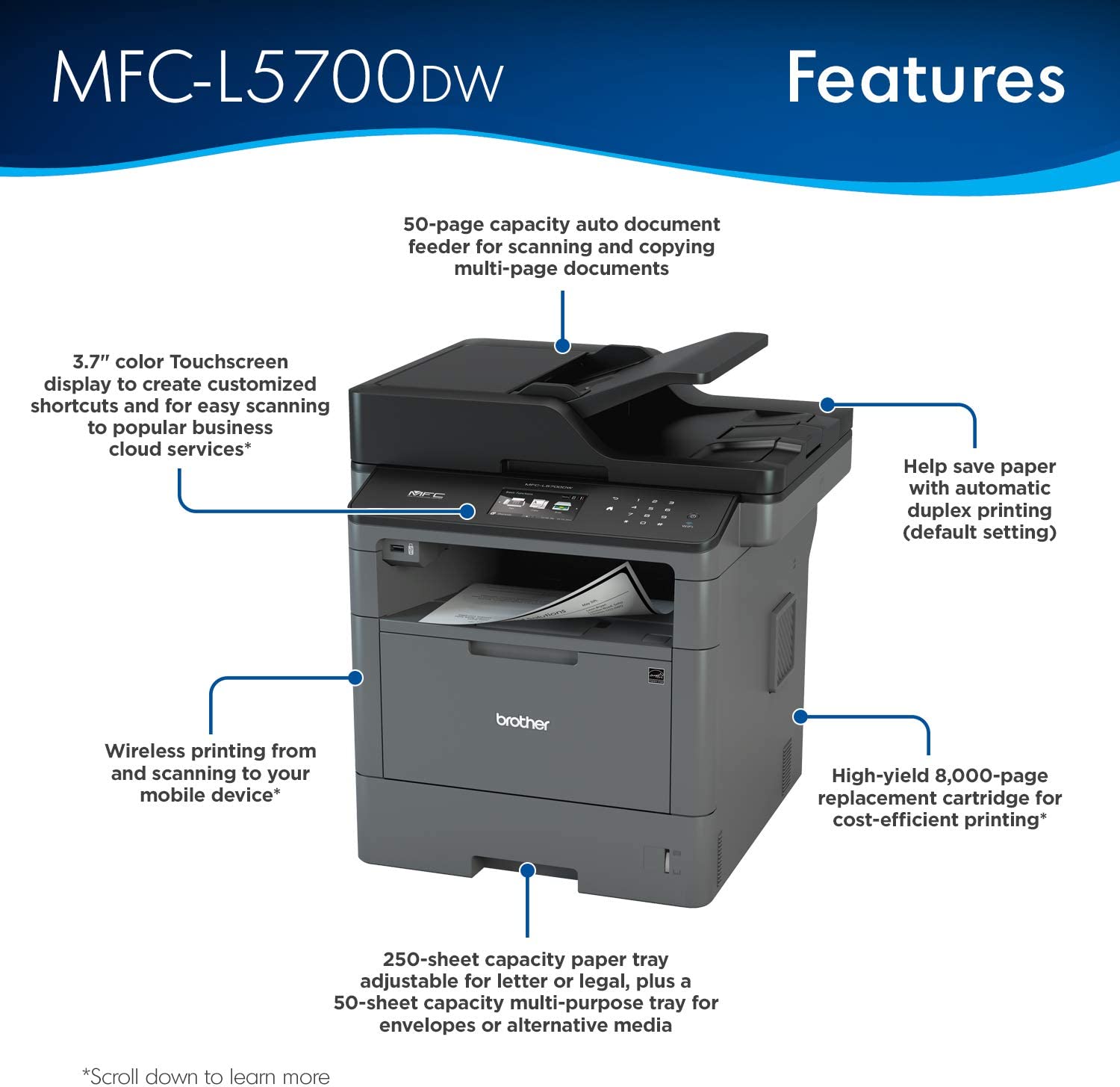 Brother Monochrome Laser Multifunction All-in-One Printer, MFC-L5700DW, Flexible Network Connectivity