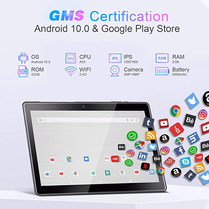 Android 10.0 Tablet 10 inch qunyiCO Y10 (10.1''), 2GB RAM 32GB Storage, 2MP+8MP Dual Camera, Quad-Core Processor, 1280x800 IPS HD Display Screen, Wi-Fi Bluetooth 5000mAh, Google GMS Certified Black