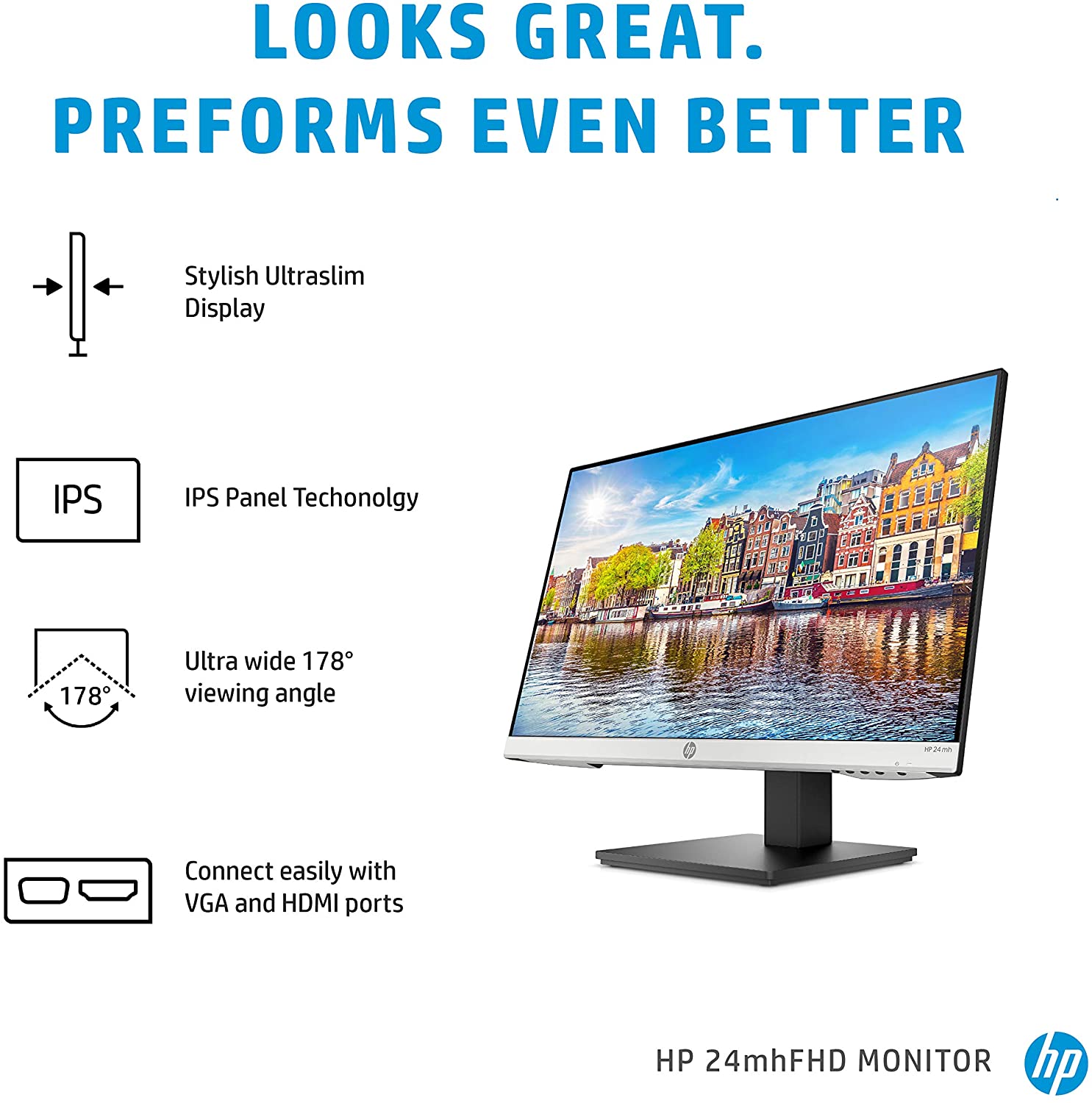 HP 24mh FHD Monitor - Computer Monitor with 23.8-Inch IPS Display (1080p) - Built-In Speakers and VESA Mounting - Height/Tilt Adjustment for Ergonomic Viewing - HDMI and DisplayPort - (1D0J9AA#ABA)