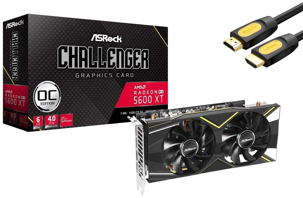 ASRock Challenger D Radeon RX 5600 XT OC Graphics Card, 6GB (14Gbps) 192-Bit GDDR6 PCI Express 4.0 x16 HDCP Ready AMD Eyefinity Technology 1 x HDMI 2.0b 3 x DisplayPort 1.4 w/ Mytrix HDMI Cable