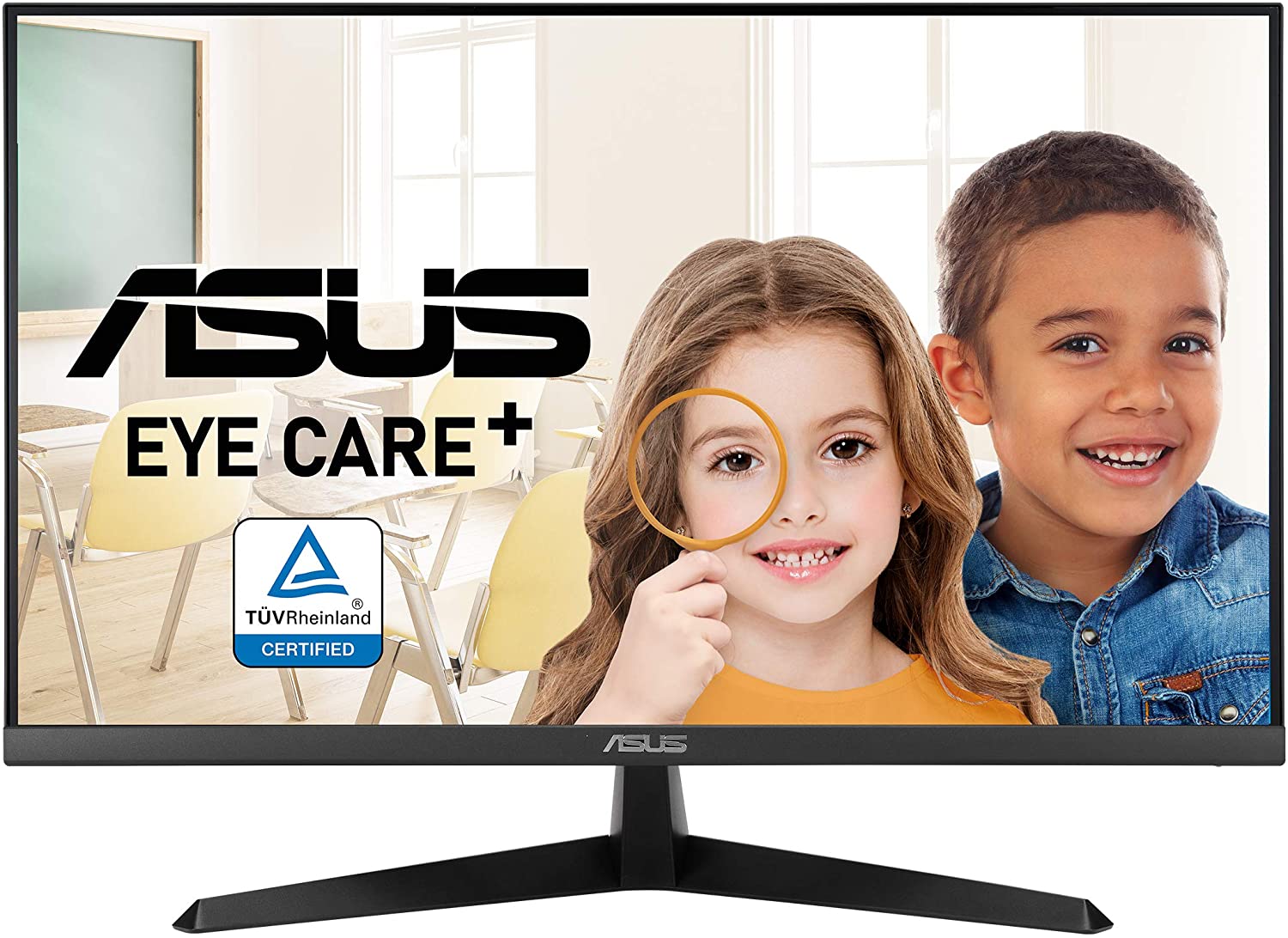 ASUS VY279HE 27” Eye Care Monitor, 1080P Full HD, 75Hz, IPS, 1ms, Adaptive-Sync/FreeSync, Eye Care Plus, Color Augmentation, Antibacterial Surface, HDMI VGA, Frameless, VESA Wall Mountable, Black